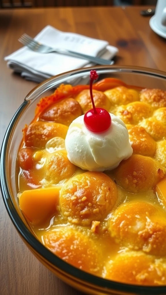 Refreshing 7-Up Peach Cobbler Bake A delicious peach cobbler with ice cream, served in a glass dish, on a wooden table.